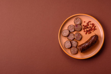 Homemade meat or vegan sausage grilled with salt spices and herbs on dark concrete background. Homemade sausage cooked on barbecueの写真素材