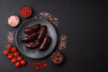 Blood sausage, pudding, meat food with lard and spices. Blood sausage cooked on the grill for dinnerの写真素材
