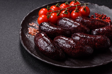 Blood sausage, pudding, meat food with lard and spices. Blood sausage cooked on the grill for dinnerの写真素材