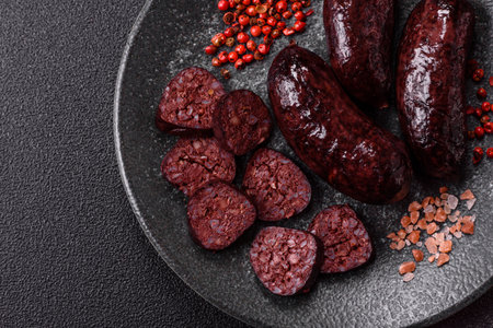 Blood sausage, pudding, meat food with lard and spices. Blood sausage cooked on the grill for dinnerの写真素材