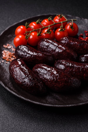 Blood sausage, pudding, meat food with lard and spices. Blood sausage cooked on the grill for dinner