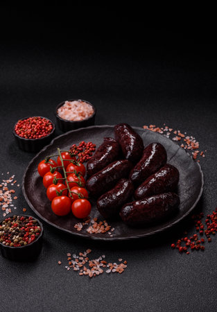 Blood sausage, pudding, meat food with lard and spices. Blood sausage cooked on the grill for dinnerの写真素材