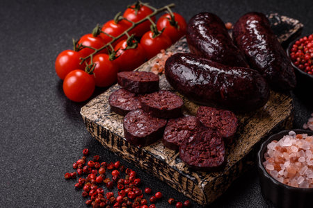 Blood sausage, pudding, meat food with lard and spices. Blood sausage cooked on the grill for dinnerの写真素材