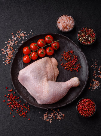 Chicken raw leg or quarter, fresh meat for cooking on barbecue. Chicken quarter for baking at homeの写真素材