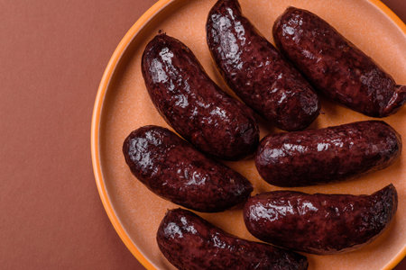 Blood sausage, pudding, meat food with lard and spices. Blood sausage cooked on the grill for dinnerの写真素材