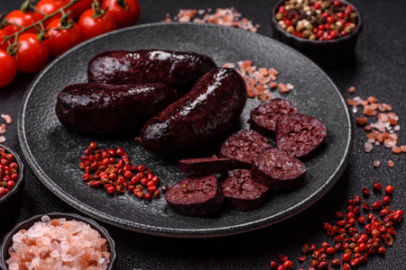 Blood sausage, pudding, meat food with lard and spices. Blood sausage cooked on the grill for dinnerの写真素材