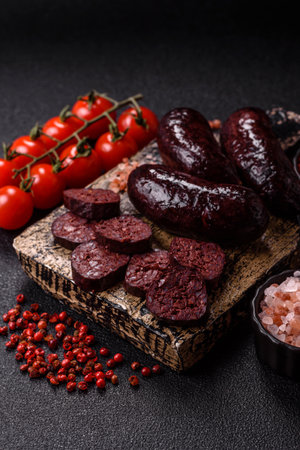 Blood sausage, pudding, meat food with lard and spices. Blood sausage cooked on the grill for dinnerの写真素材