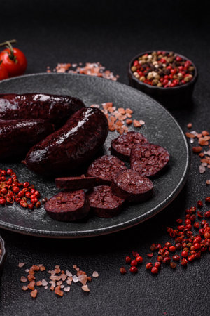 Blood sausage, pudding, meat food with lard and spices. Blood sausage cooked on the grill for dinnerの写真素材