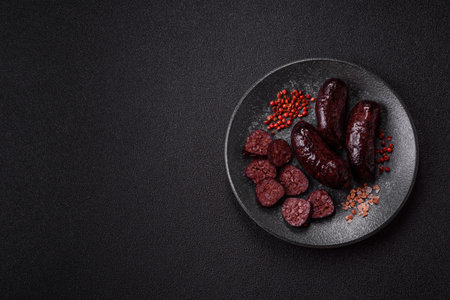 Blood sausage, pudding, meat food with lard and spices. Blood sausage cooked on the grill for dinnerの写真素材