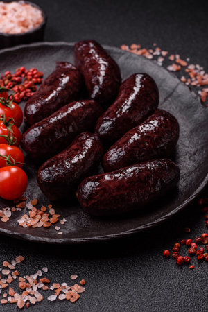 Blood sausage, pudding, meat food with lard and spices. Blood sausage cooked on the grill for dinnerの写真素材