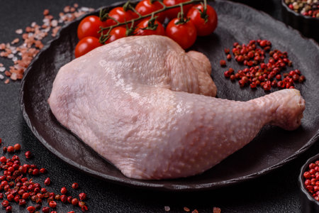 Chicken raw leg or quarter, fresh meat for cooking on barbecue. Chicken quarter for baking at homeの写真素材