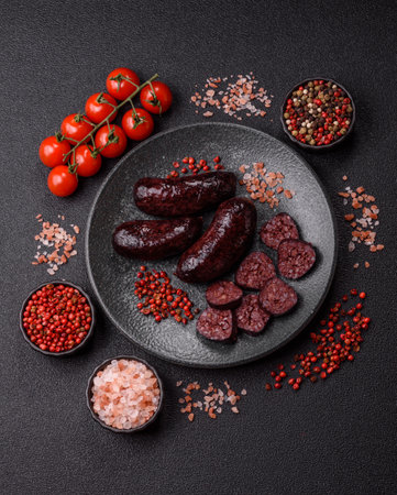 Blood sausage, pudding, meat food with lard and spices. Blood sausage cooked on the grill for dinnerの写真素材