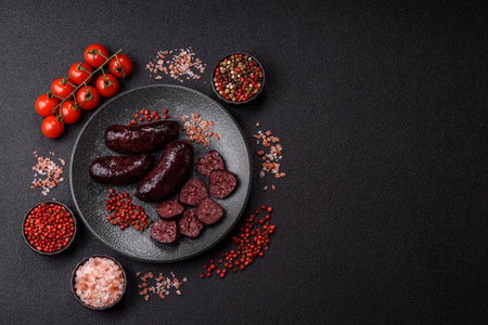Blood sausage, pudding, meat food with lard and spices. Blood sausage cooked on the grill for dinner
