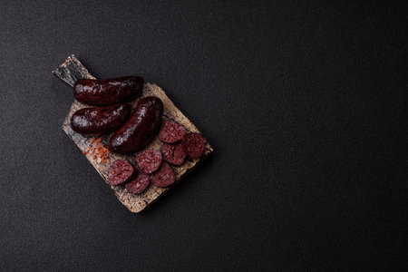Blood sausage, pudding, meat food with lard and spices. Blood sausage cooked on the grill for dinnerの写真素材