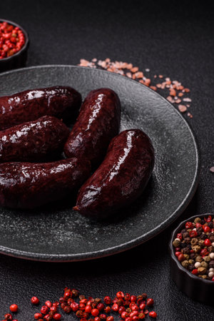 Blood sausage, pudding, meat food with lard and spices. Blood sausage cooked on the grill for dinner