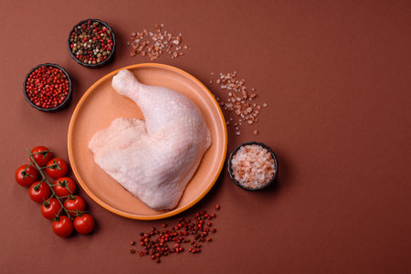 Chicken raw leg or quarter, fresh meat for cooking on barbecue. Chicken quarter for baking at homeの写真素材