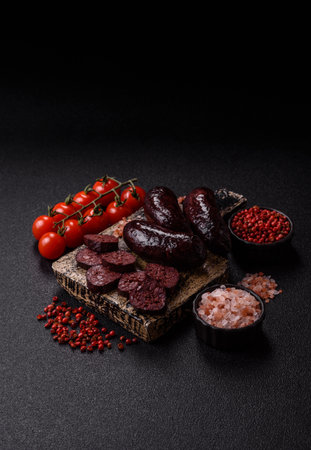 Blood sausage, pudding, meat food with lard and spices. Blood sausage cooked on the grill for dinnerの写真素材