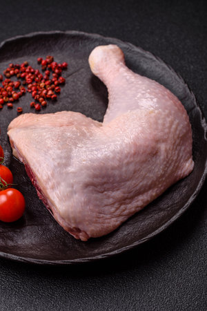 Chicken raw leg or quarter, fresh meat for cooking on barbecue. Chicken quarter for baking at homeの写真素材
