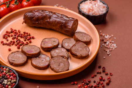 Homemade meat or vegan sausage grilled with salt spices and herbs on dark concrete background. Homemade sausage cooked on barbecueの写真素材