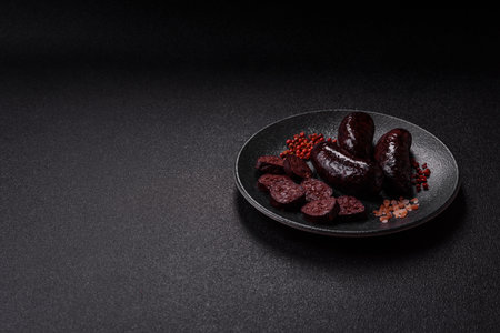 Blood sausage, pudding, meat food with lard and spices. Blood sausage cooked on the grill for dinnerの写真素材