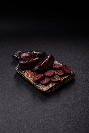 Blood sausage, pudding, meat food with lard and spices. Blood sausage cooked on the grill for dinnerの写真素材