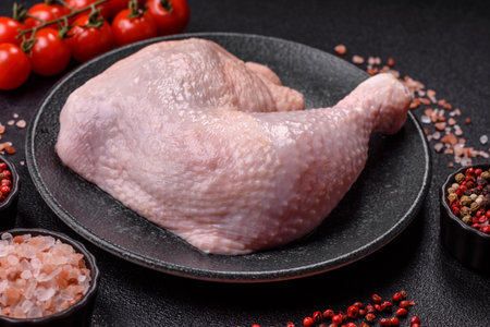 Chicken raw leg or quarter, fresh meat for cooking on barbecue. Chicken quarter for baking at homeの写真素材
