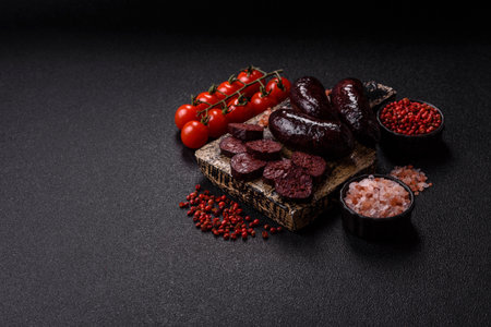 Blood sausage, pudding, meat food with lard and spices. Blood sausage cooked on the grill for dinnerの写真素材