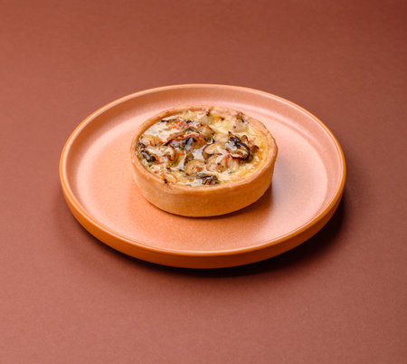 Pie or quiche, a sour tart with chicken and mushrooms, spices and herbs on a dark concrete background. Round quiche with chickenの写真素材