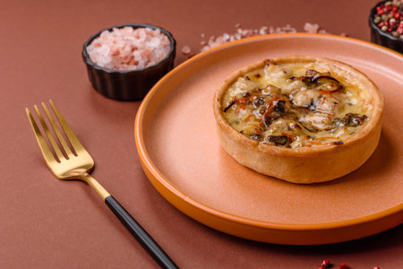 Pie or quiche, a sour tart with chicken and mushrooms, spices and herbs on a dark concrete...