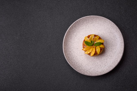 Sweet round pie or tart with apples and peach, cream and nuts. Mini sweet tart with fruit slicesの写真素材