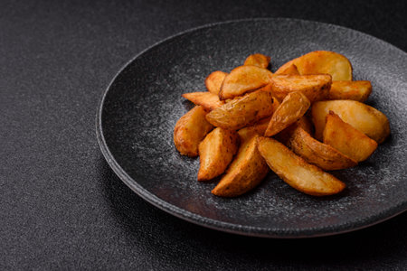Grilled potato wedges with rosemary, cheese, salt and spices. Baked potato slices on a dark concrete backgroundの写真素材