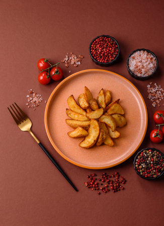 Grilled potato wedges with rosemary, cheese, salt and spices. Baked potato slices on a dark concrete backgroundの写真素材