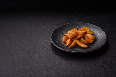 Grilled potato wedges with rosemary, cheese, salt and spices. Baked potato slices on a dark concrete backgroundの写真素材