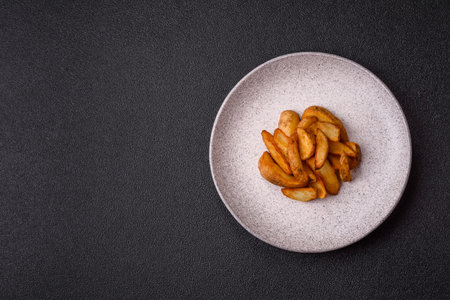 Grilled potato wedges with rosemary, cheese, salt and spices. Baked potato slices on a dark concrete backgroundの写真素材