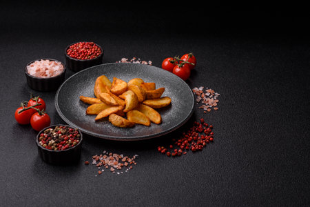 Grilled potato wedges with rosemary, cheese, salt and spices. Baked potato slices on a dark concrete backgroundの写真素材