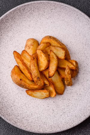 Grilled potato wedges with rosemary, cheese, salt and spices. Baked potato slices on a dark concrete backgroundの写真素材