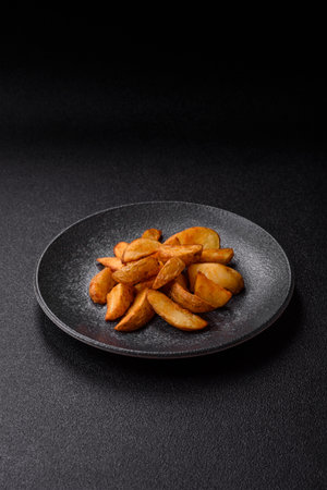 Grilled potato wedges with rosemary, cheese, salt and spices. Baked potato slices on a dark concrete backgroundの写真素材