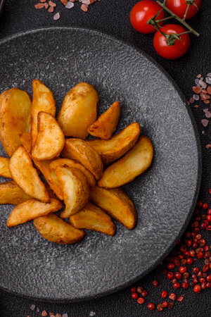 Grilled potato wedges with rosemary, cheese, salt and spices. Baked potato slices on a dark concrete backgroundの写真素材