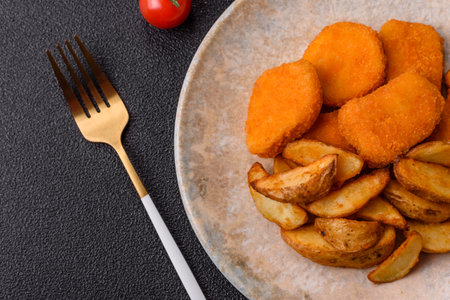 Crispy chicken nuggets, meat takeaway meal with salt and spices.の写真素材