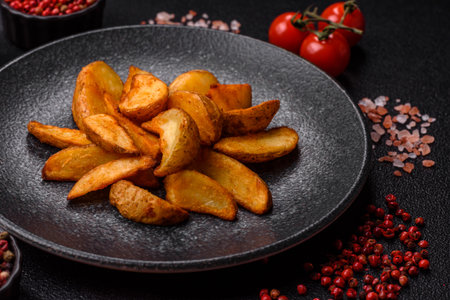 Grilled potato wedges with rosemary, cheese, salt and spices. Baked potato slices on a dark concrete backgroundの写真素材