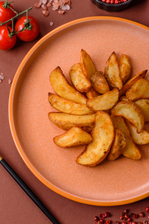 Grilled potato wedges with rosemary, cheese, salt and spices. Baked potato slices on a dark concrete backgroundの写真素材