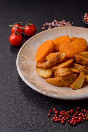 Crispy chicken nuggets, meat takeaway meal with salt and spices. Chicken nuggets, fast food, junk foodの写真素材