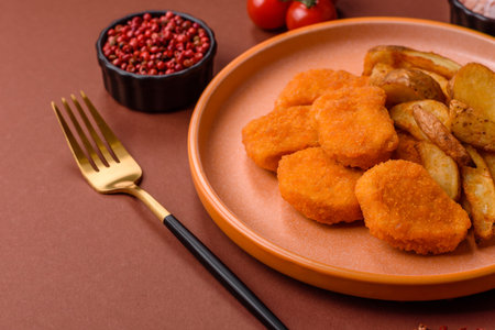 Crispy chicken nuggets, meat takeaway meal with salt and spices. Chicken nuggets, fast food, junk foodの写真素材