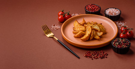 Grilled potato wedges with rosemary, cheese, salt and spices. Baked potato slices on a dark concrete backgroundの写真素材