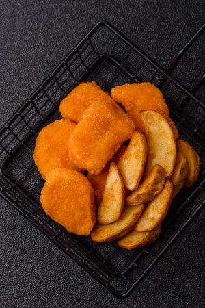 Crispy chicken nuggets, meat takeaway meal with salt and spices. Chicken nuggets, fast food, junk foodの写真素材