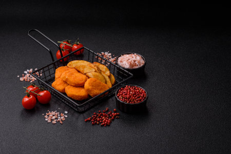 Crispy chicken nuggets, meat takeaway meal with salt and spices. Chicken nuggets, fast food, junk foodの写真素材