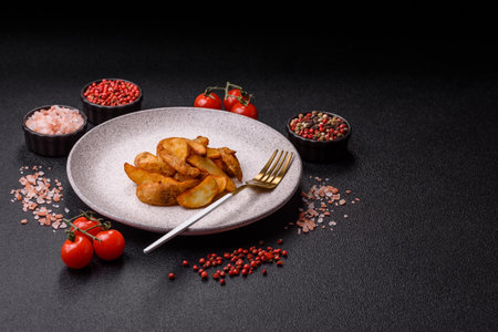 Grilled potato wedges with rosemary, cheese, salt and spices. Baked potato slices on a dark concrete backgroundの写真素材