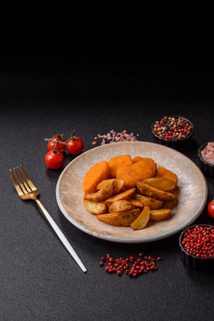 Crispy chicken nuggets, meat takeaway meal with salt and spices. Chicken nuggets, fast food, junk foodの写真素材