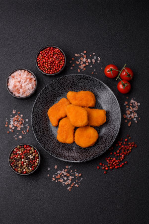 Crispy chicken nuggets, meat takeaway meal with salt and spices. Chicken nuggets, fast food, junk foodの写真素材