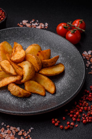 Grilled potato wedges with rosemary, cheese, salt and spices. Baked potato slices on a dark concrete backgroundの写真素材